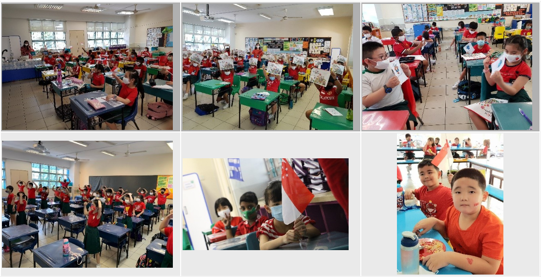 Six photos of young students in red shirts wearing masks in classrooms, holding papers and Singapore flags.